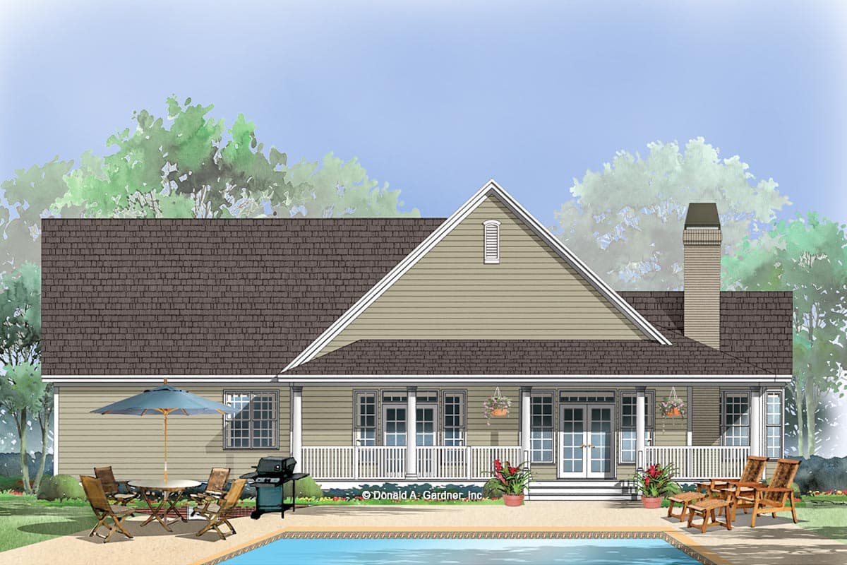 House plan exterior with a prominent gable, hip roof, and covered porch. Features a chimney and siding.