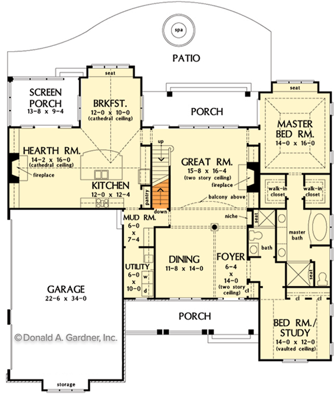 Plan 444386GDN: 5 Bed Euro-Style House Plan with English Cottage Vibe - Floor Plan - Main Level - Basement Stairs Location - Cottage, European