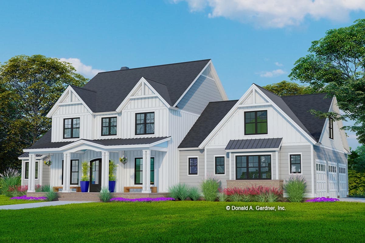 House plan exterior. Two-story Modern Farmhouse with gables, porch with columns, and a garage. Features vertical siding and black roof.