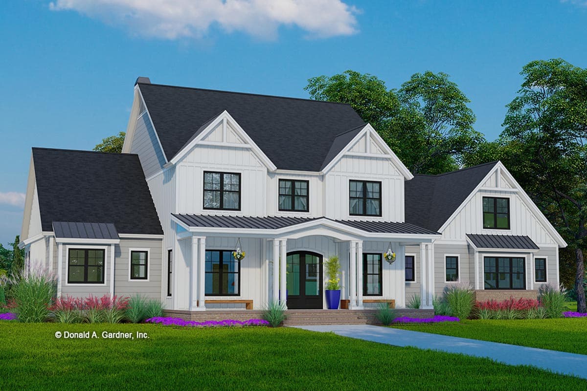 Modern Farmhouse house plan exterior with a prominent covered entry porch, board and batten siding, and multiple gables.