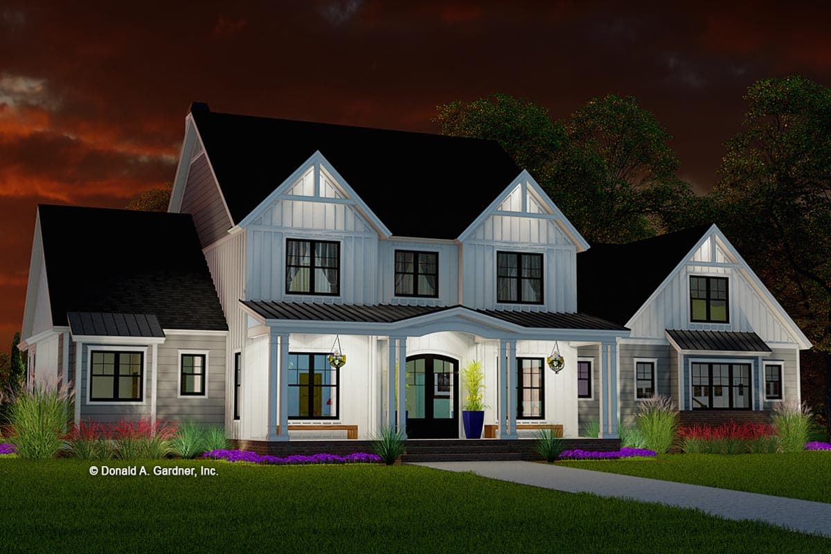 Modern Farmhouse house plan exterior with wraparound porch, gable dormers, and board and batten siding. Two stories.