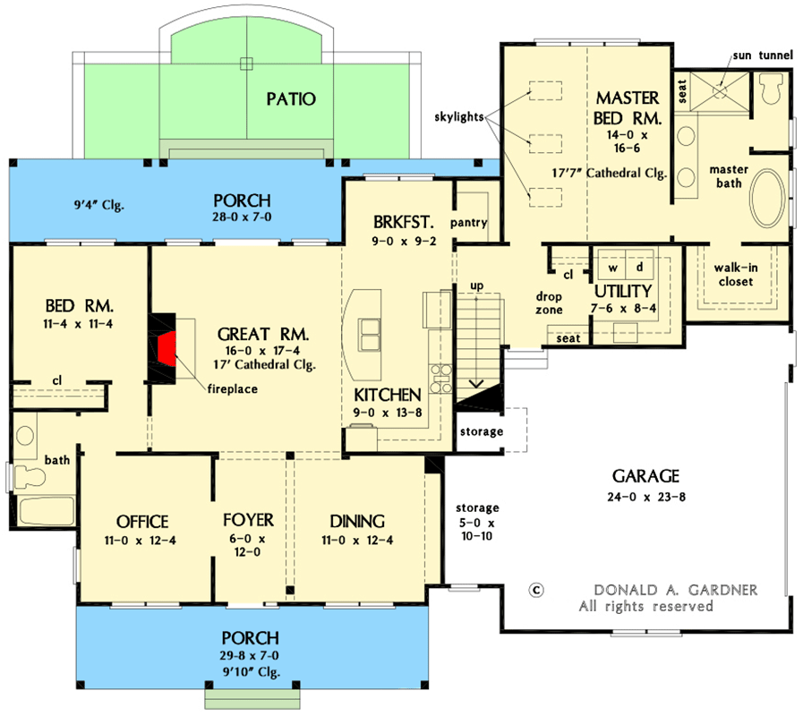 Plan 444390GDN: 2500 Square Foot Modern Farmhouse Plan with Vaulted Great Room and 7'-Deep Pordches - Floor Plan - Main Level - Country, Craftsman, Farmhouse, Modern Farmhouse, New American