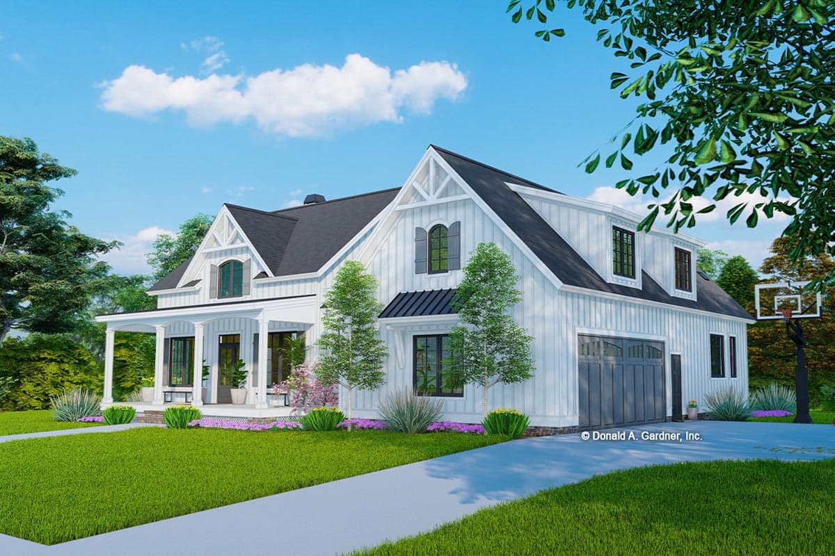 House plan exterior: Modern Farmhouse style, two stories, wrap-around porch, gable dormers, and attached garage.