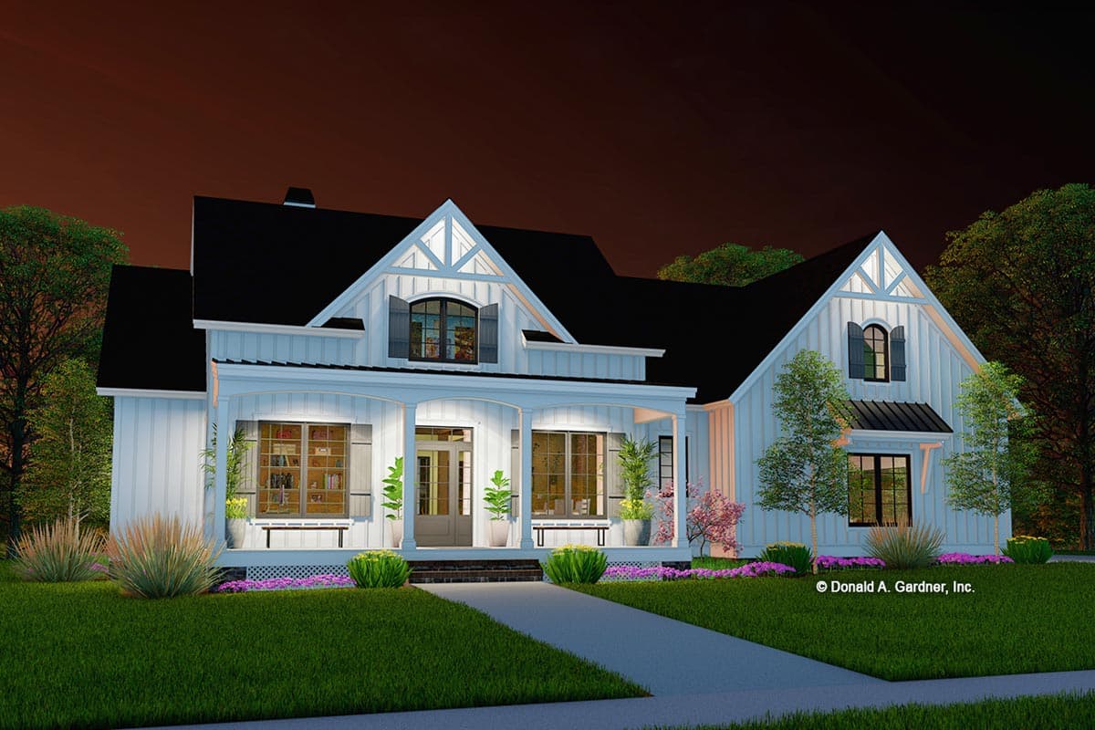 House plan exterior: Modern Farmhouse style, two stories, with covered porch, prominent gables, and board-and-batten siding.