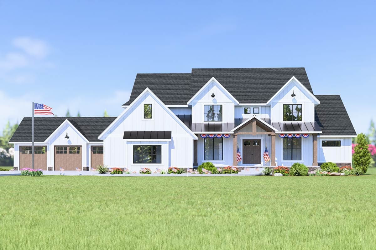 House plan exterior rendering. Two-story Modern Farmhouse with gabled rooflines, covered porch, and attached garage. Includes dormers and dark trim.