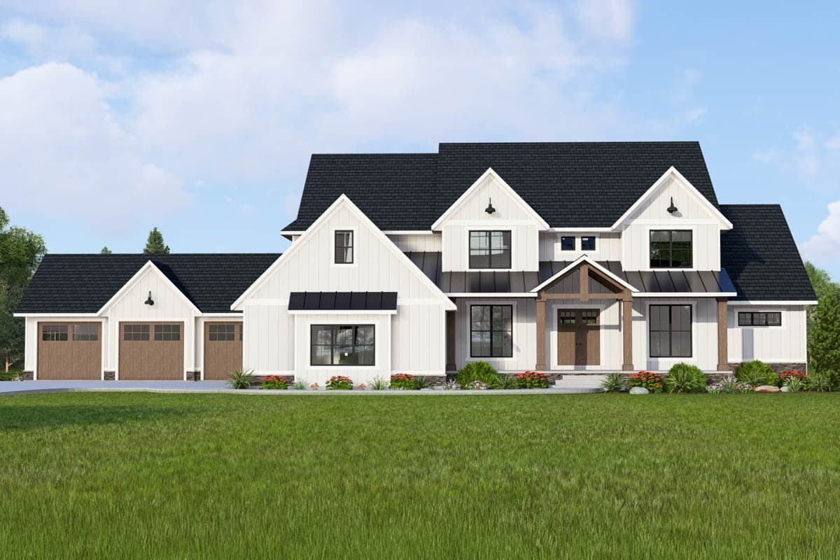 Modern Farmhouse style house plan exterior with a three-car garage, gables, and a covered entry with wooden beams.