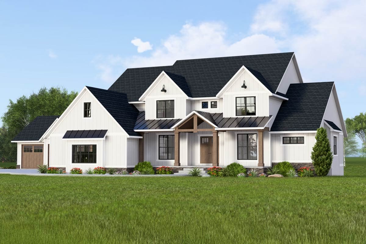 Modern Farmhouse house plan exterior with gables, prominent dormers, and a covered entry with wooden posts.