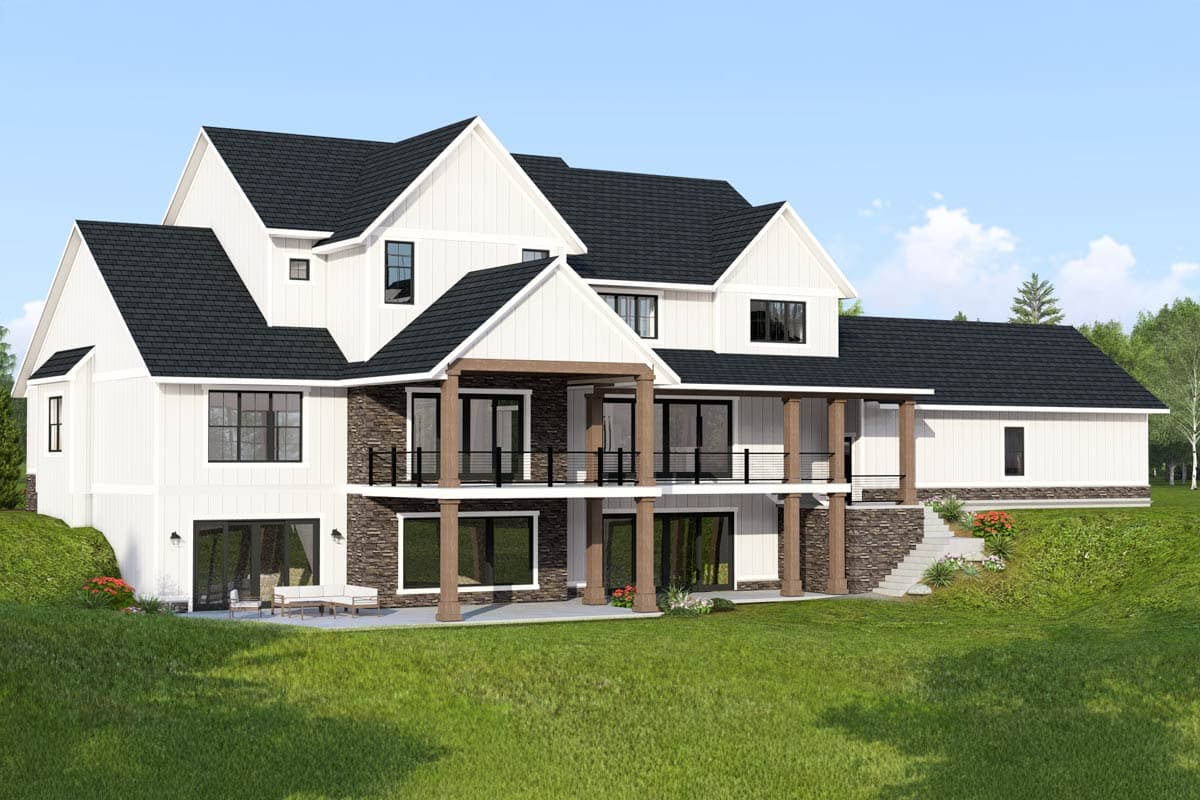 Modern Farmhouse house plan exterior with stone accents, multiple gables, and covered balconies.