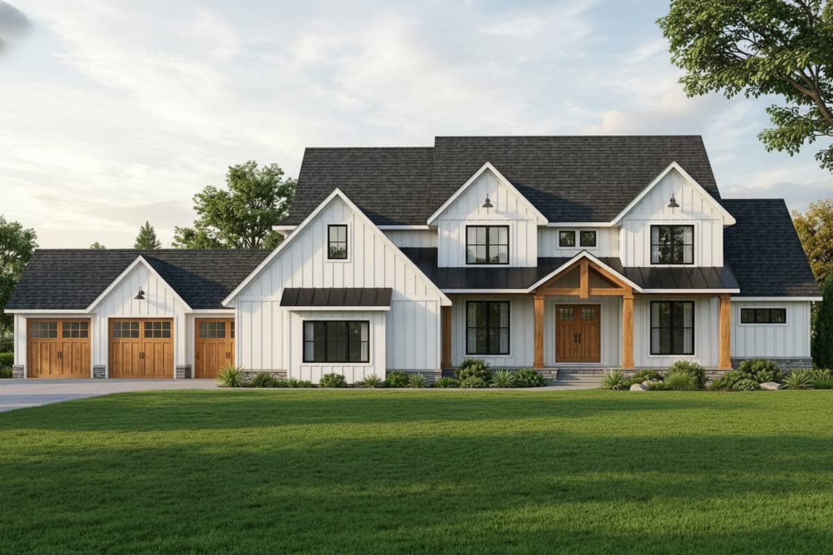 Modern Farmhouse style house plan exterior with a three-car garage, gables, and a covered entry with wooden beams.