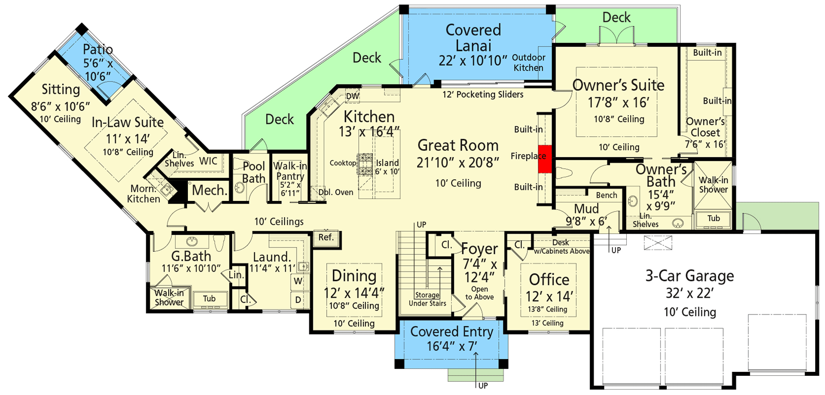 Plan 33257ZR: New American House Plan with In-Law Suite -  3653 Sq Ft - Floor Plan - Main Level - Country, Modern Farmhouse, New American, Southern
