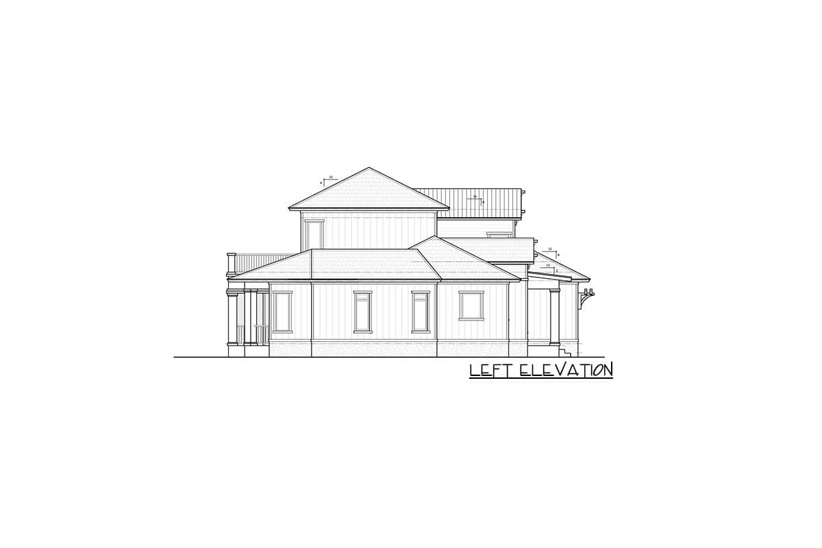 Left elevation drawing of a two-story house plan featuring multiple rooflines, a covered porch with columns, and various windows.