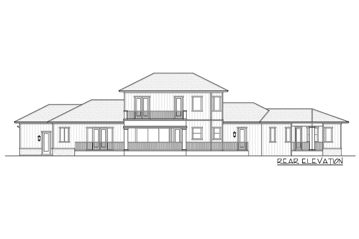 Rear elevation drawing of a two-story house plan featuring multiple gables, balconies, and a wide porch.