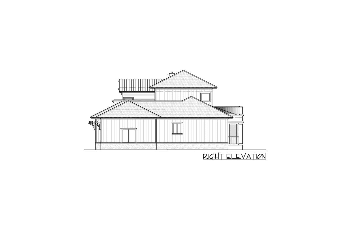 Right elevation house plan drawing showing a two-story structure with multiple gables, a covered porch, and a balcony.