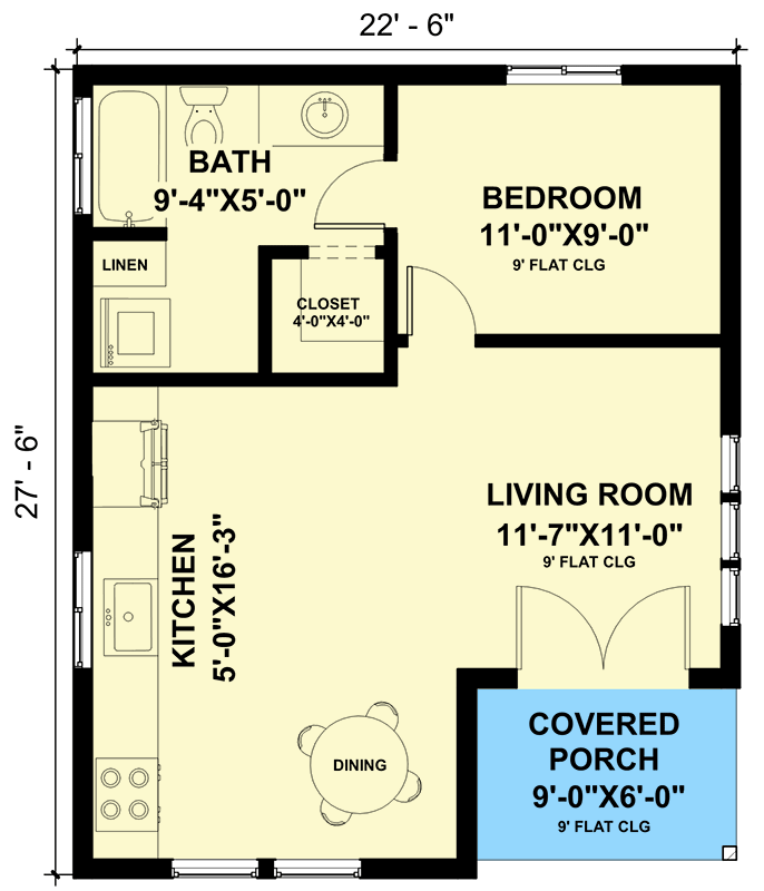 Plan 420085WNT: 564 Square Foot New American Style ADU with Cozy Corner Porch - Floor Plan - Main Level - Cottage, Country, New American, Traditional