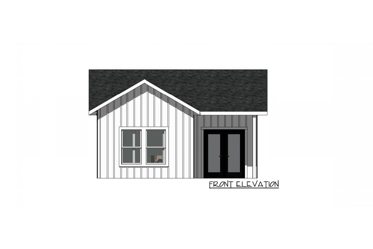 Front elevation drawing of a house with white vertical siding, a gable roof, one window, and double doors.