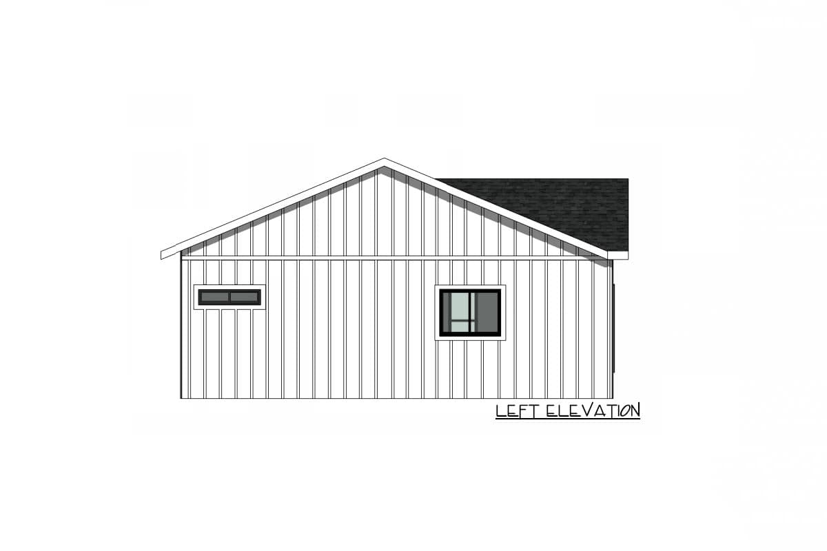 Left elevation drawing of a house plan with vertical siding, gabled roof, and two windows.