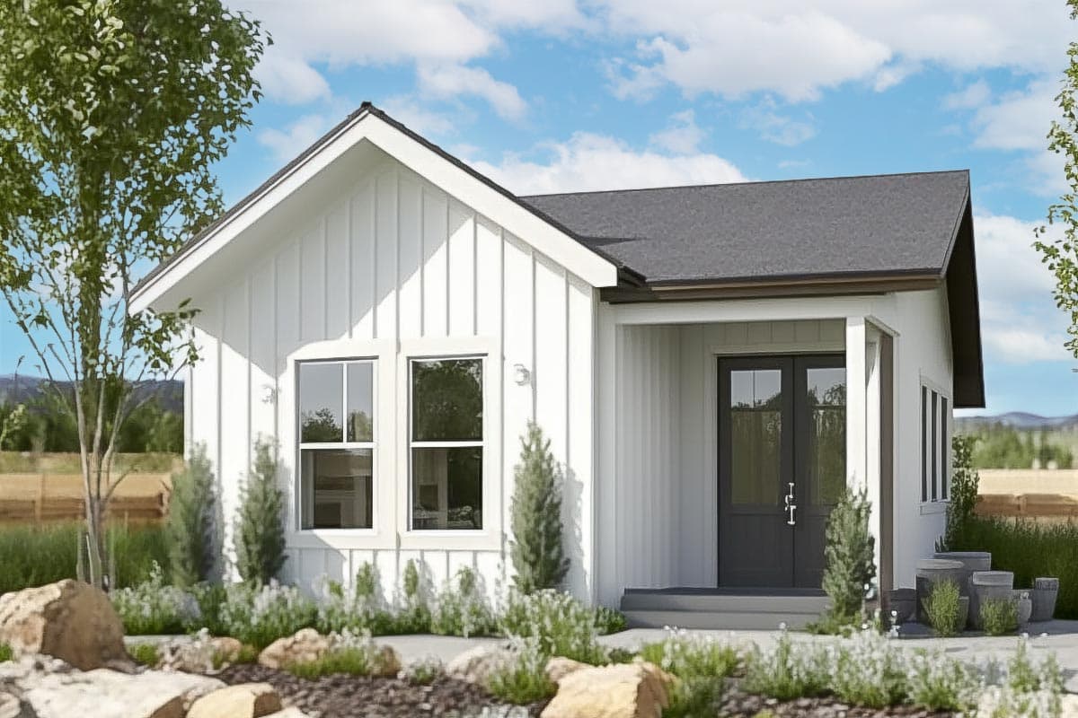House plan exterior. One-story Modern Farmhouse style with a gabled roof, vertical siding, and a small covered entry porch with double doors.