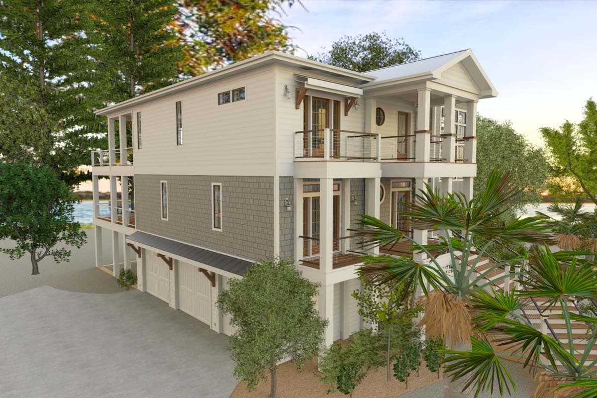 House plan exterior: Three-story home with shingle siding, multiple balconies, and a three-car garage on stilts.