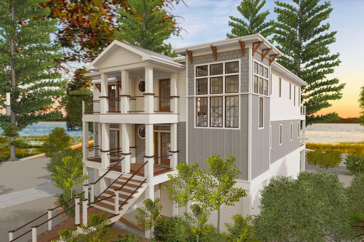 House plan exterior: two-story home with elevated decks, gable roof, decorative brackets, and large multi-pane windows.