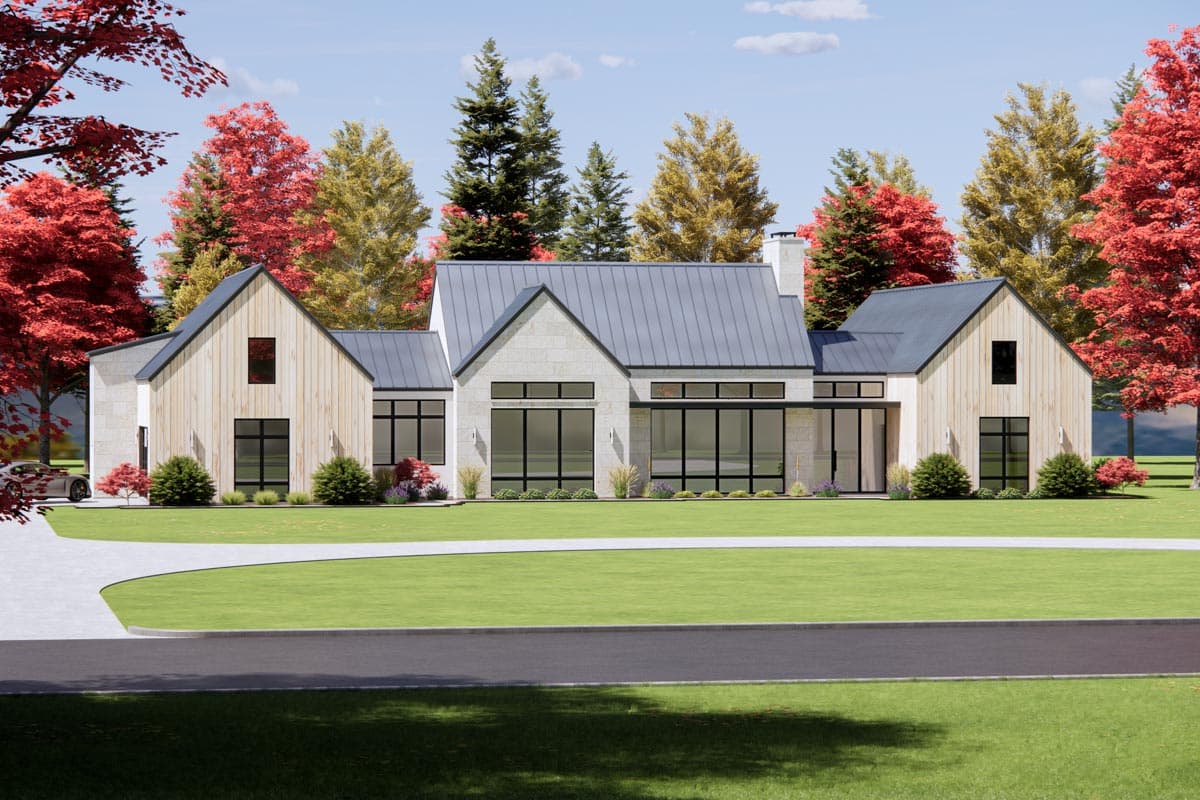 Modern house plan exterior with stone and wood siding, metal gable roof, and large windows.