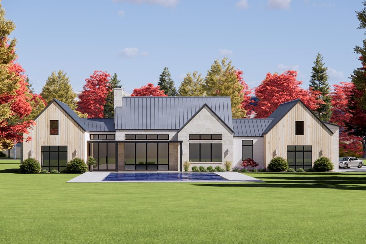 Modern house plan exterior with metal roof, stone and wood siding, large windows, and swimming pool.