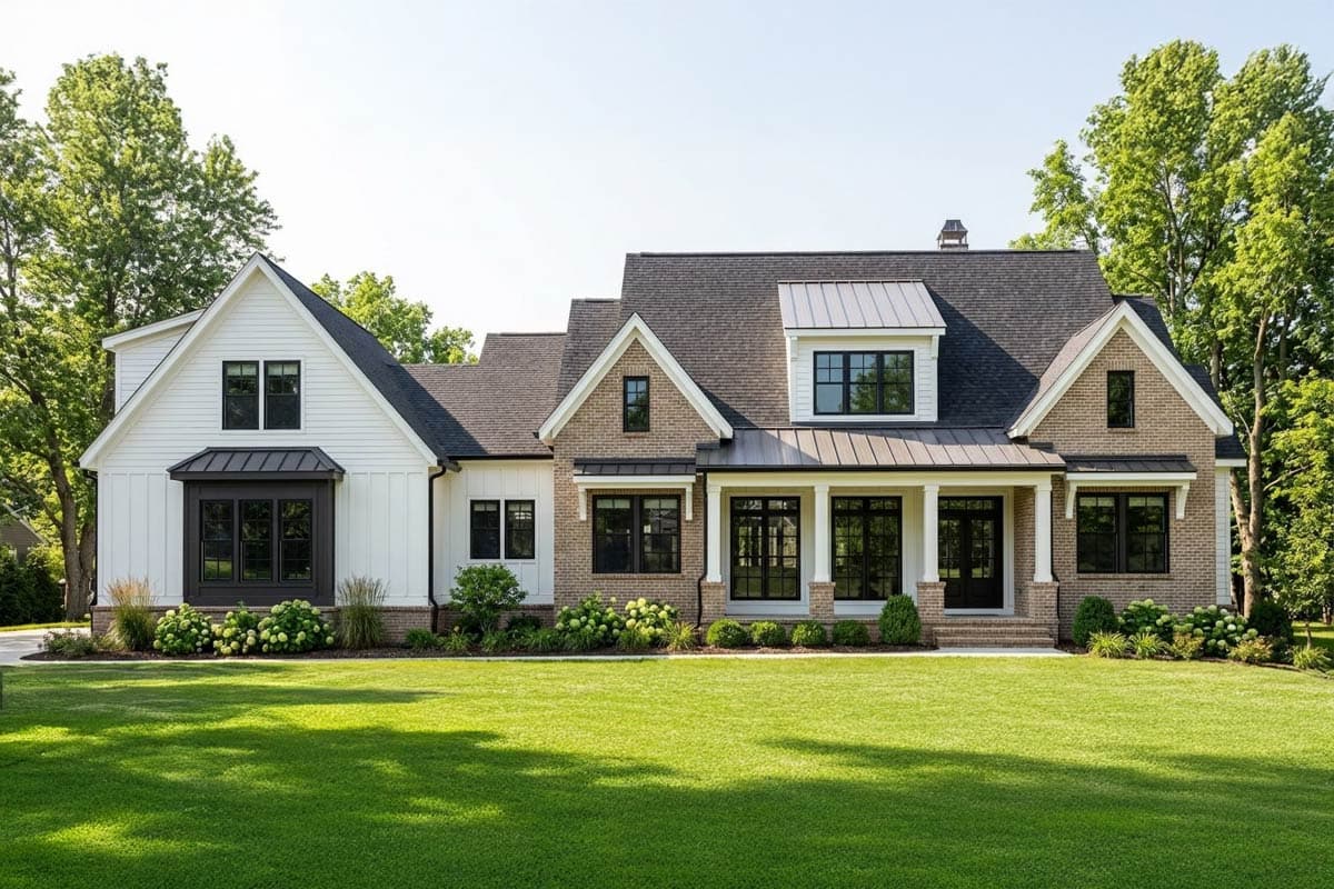 A modern, two-story house with white siding and brick accents. It has a well-manicured lawn and a porch with black framed windows and doors.