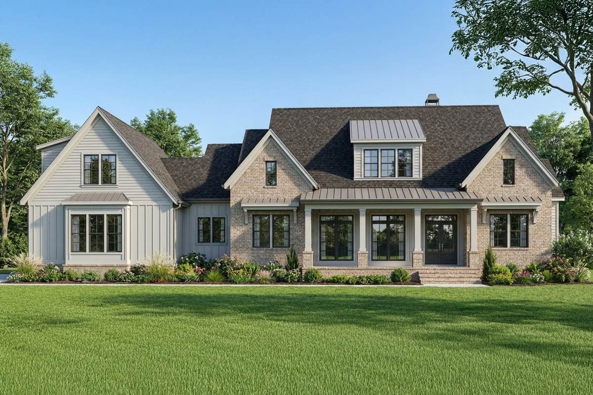 A large, modern farmhouse with a brick facade and a covered porch. Lush green lawn in front, with trees lining the property under a blue sky.