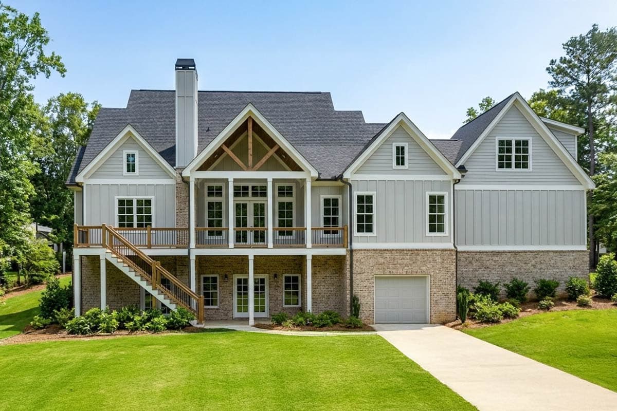 A two-story house with a grey exterior, brick accents, and a large porch, nestled in a well-manicured lawn with lush greenery and a paved driveway.