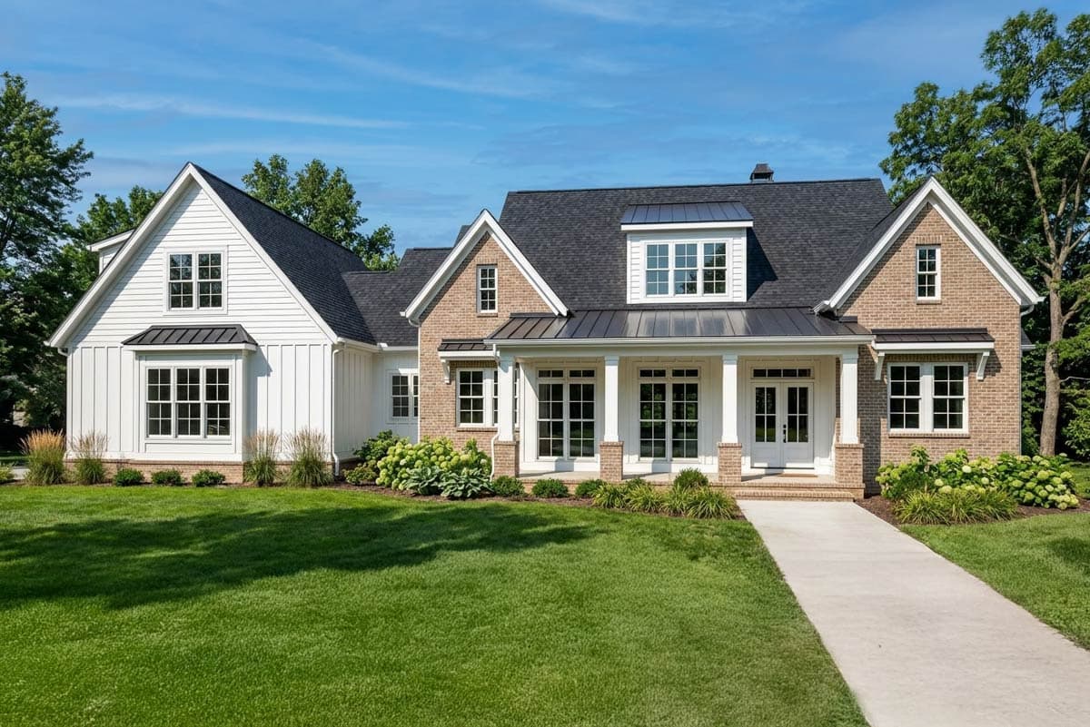 A two-story house with white siding and brick accents. A paved path leads to the front porch with a symmetrical layout and a green lawn.
