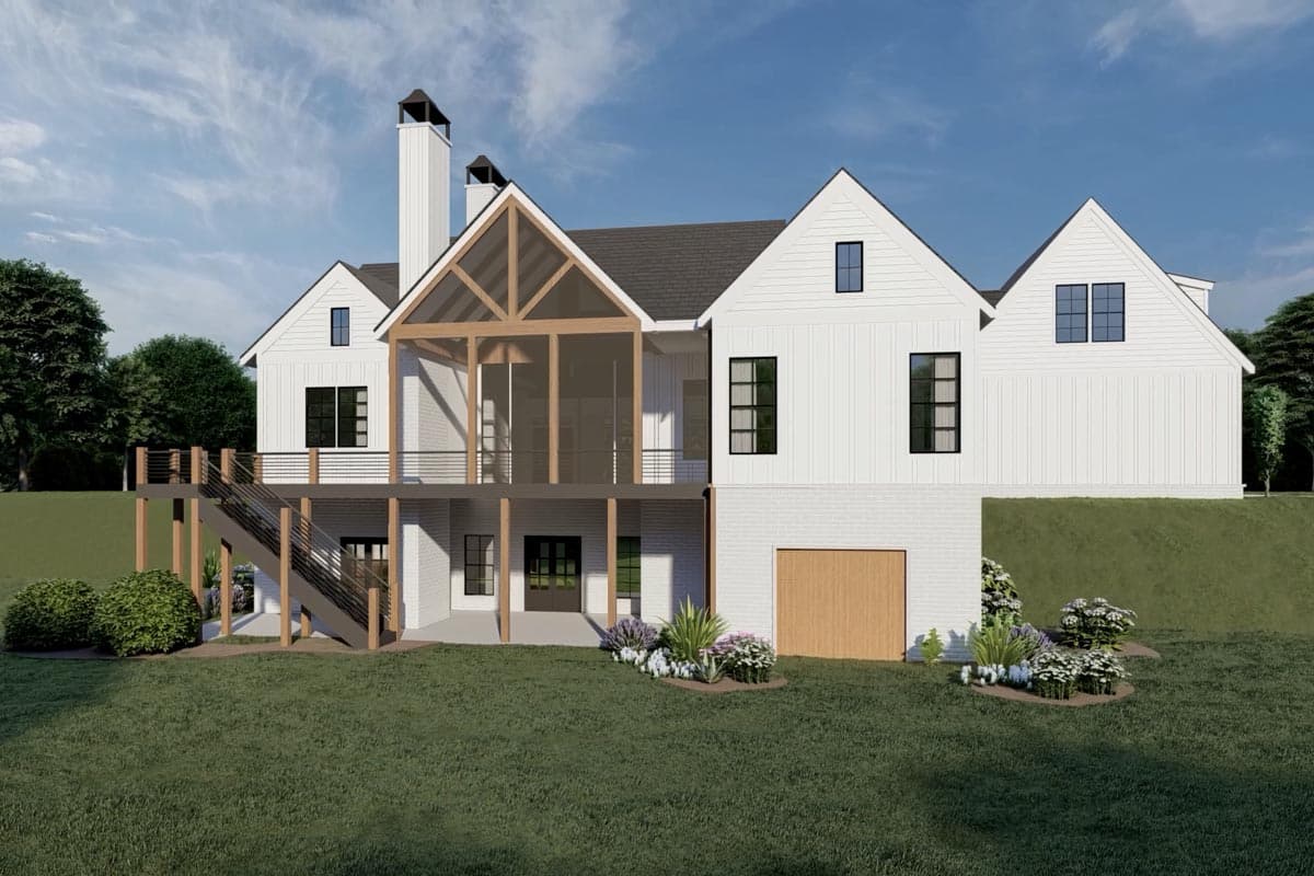 A modern farmhouse exterior with a wooden deck, screened porch, and white siding. A grassy lawn and landscaping lead to the multi-level home.