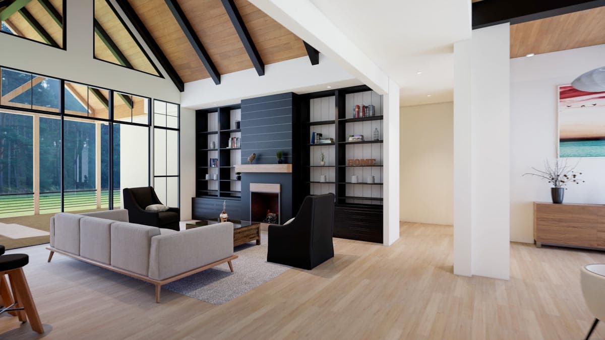 Spacious, modern living room with large windows overlooking a forest. Features include a fireplace, bookshelves, and contemporary furniture.