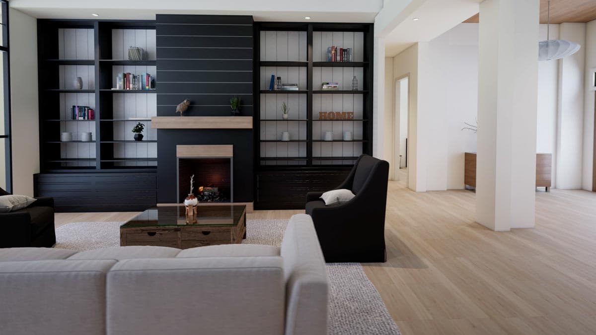A modern living room featuring a fireplace with a decorative wooden mantel, a black built-in bookcase, and a comfortable black armchair.