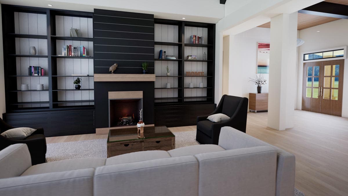 A modern living room featuring built-in bookshelves, a fireplace, and comfortable seating. A cozy ambiance is created with light wood flooring.