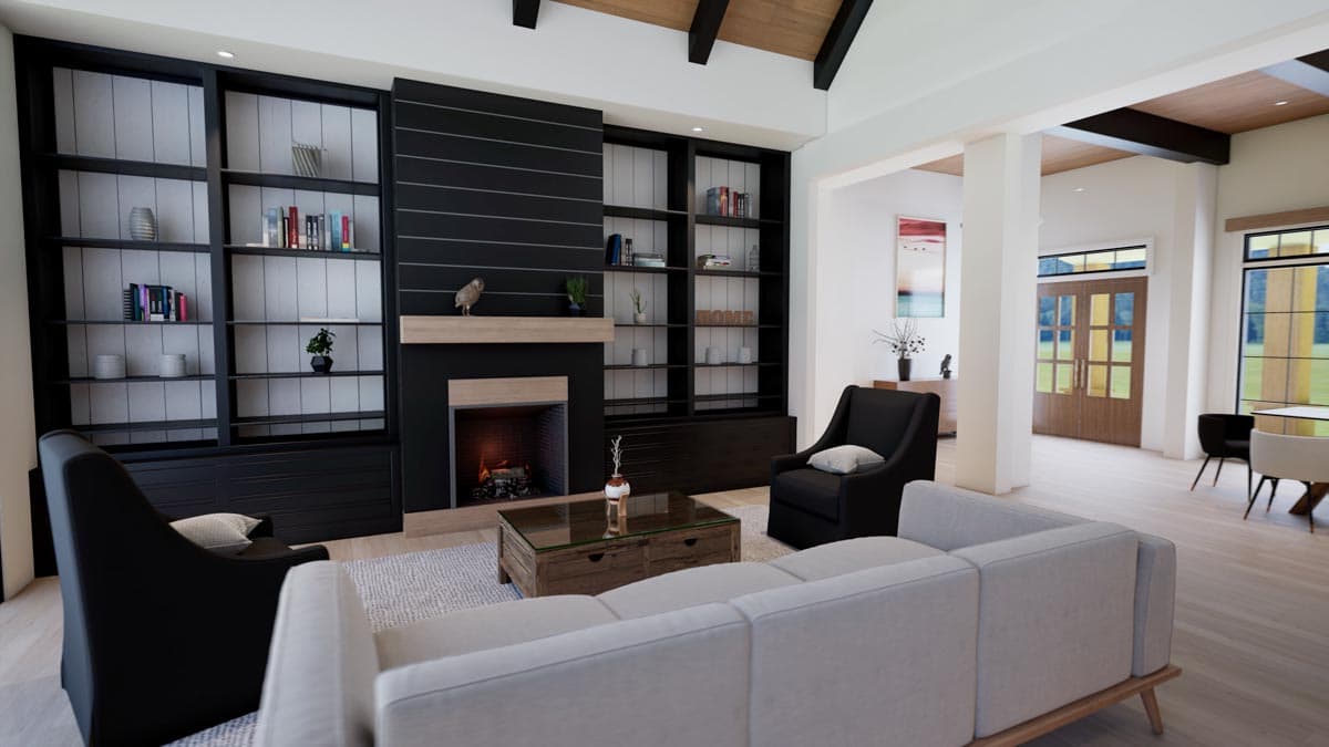 Modern living room with a fireplace and built-in bookshelves. Two black armchairs face a glass coffee table in front of a light gray sofa.