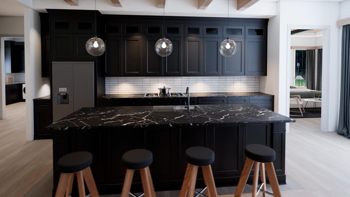 Modern black kitchen with marble countertops, pendant lights, and wooden stools. A glimpse of an adjacent bedroom is visible in the background.