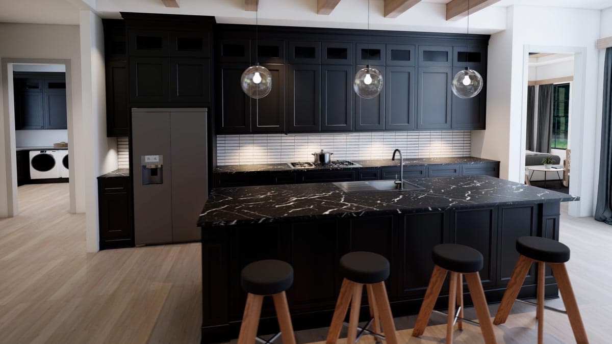 Modern black kitchen with island, marble countertops, and globe pendant lights. Laundry room and living room visible in the background.