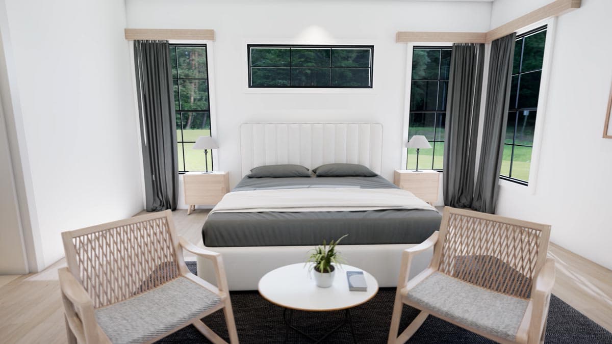 A modern bedroom with a bed centered between two windows. Two wicker chairs face the bed, and a small table holds a plant and a book.