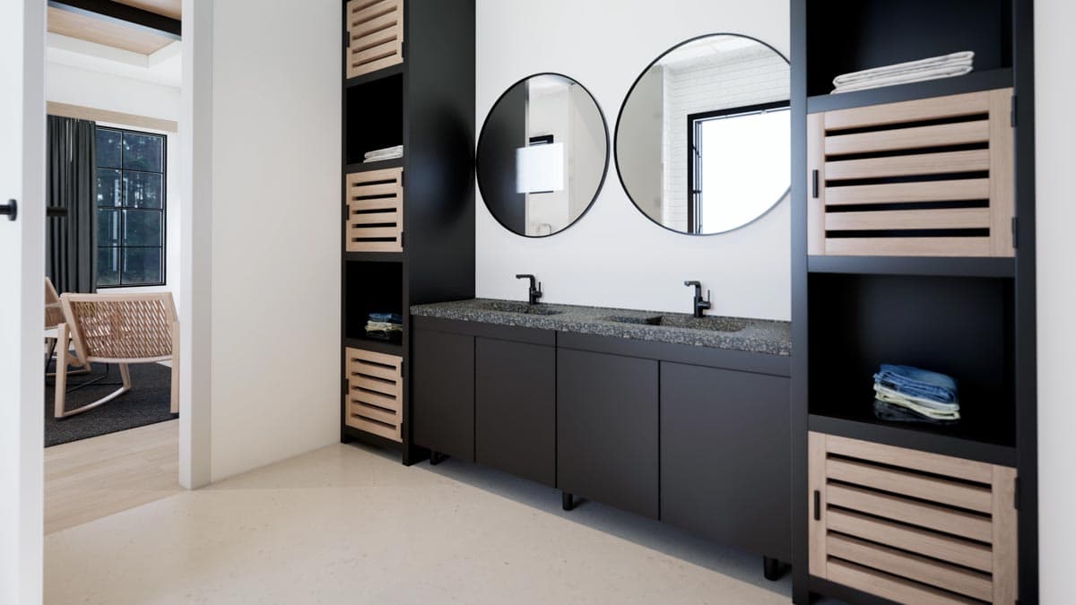 Modern bathroom featuring black vanities, two round mirrors, and wooden shelving. A doorway shows a glimpse of a sitting area.