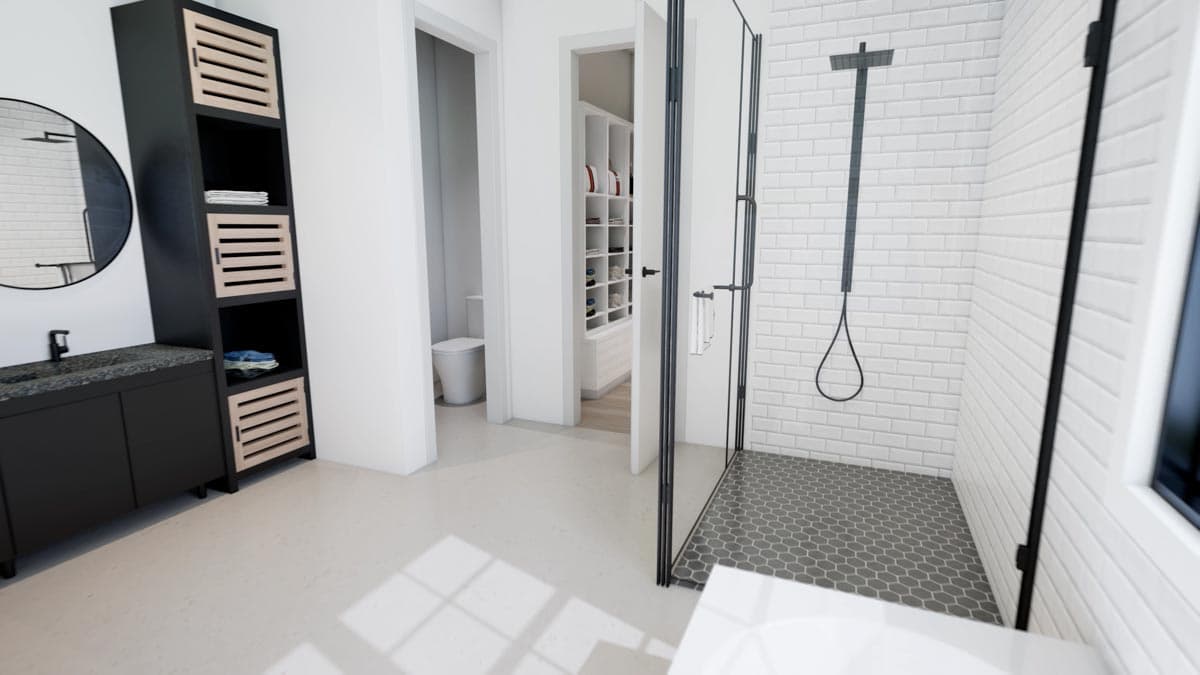 A modern bathroom interior featuring a black vanity, a shower with hexagonal tile flooring, and a walk-in closet in the background.