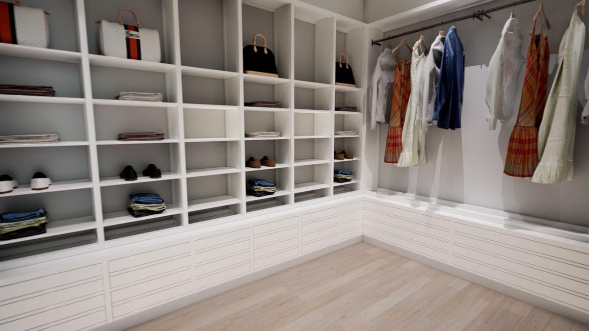 A walk-in closet with organized shelves displaying bags, folded clothes, and shoes, with dresses and shirts hanging on a side rail.