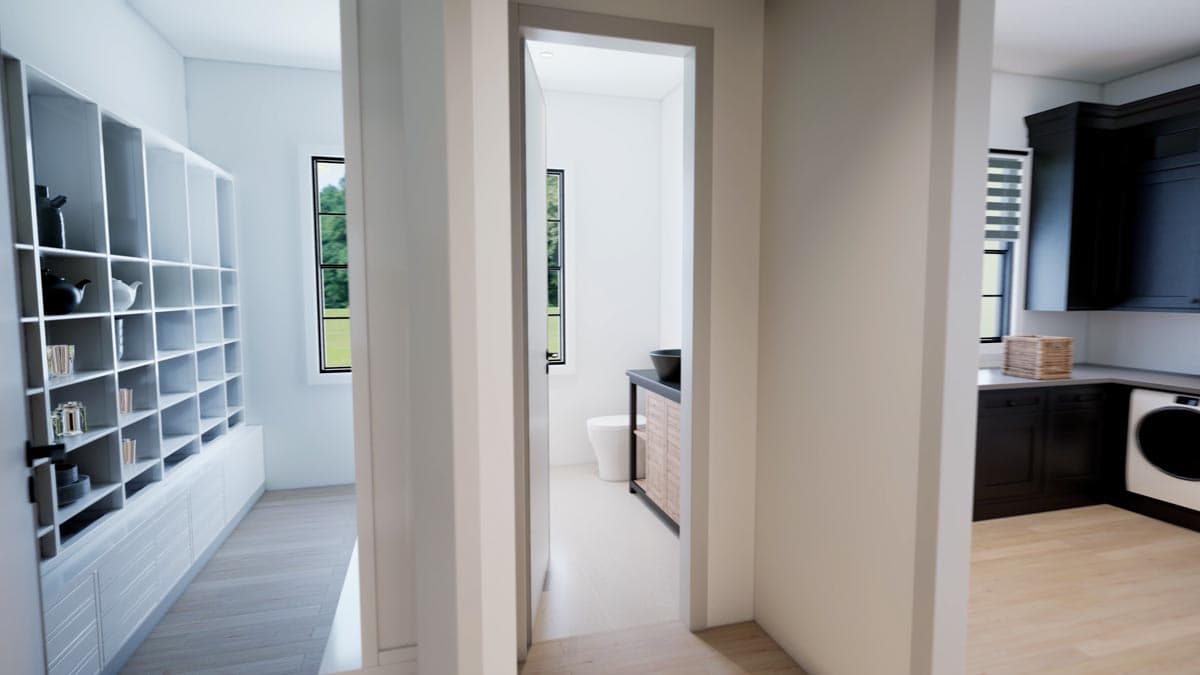 A modern home interior showcases three rooms: a pantry with shelves, a bathroom with a sink, and a laundry room with a washing machine.