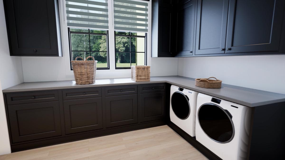 Modern laundry room featuring dark cabinets, white appliances, and wicker baskets. A large window with blinds provides natural light.