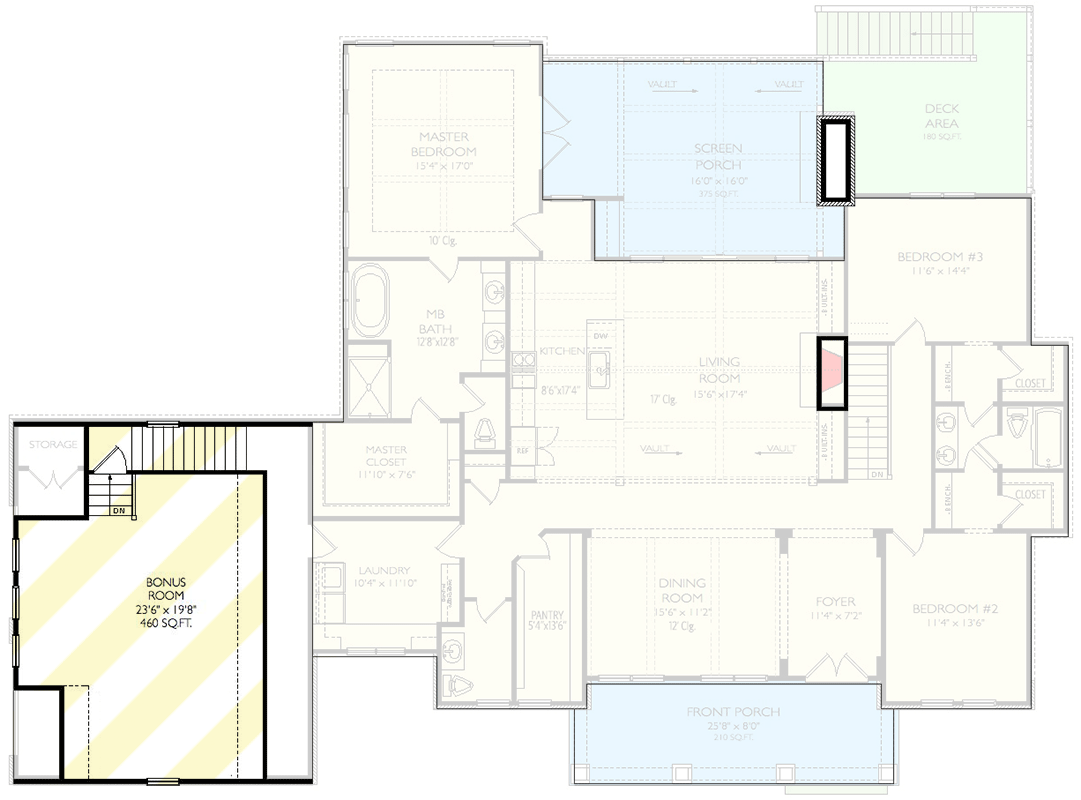 Plan 29916LDG: 3-Bed Modern Farmhouse Home Plan with Vaulted Living Room and Screened Porch - 2365 Sq Ft - Floor Plan - Bonus Level - Country, Craftsman, Farmhouse, Modern Farmhouse, New American, Ranch