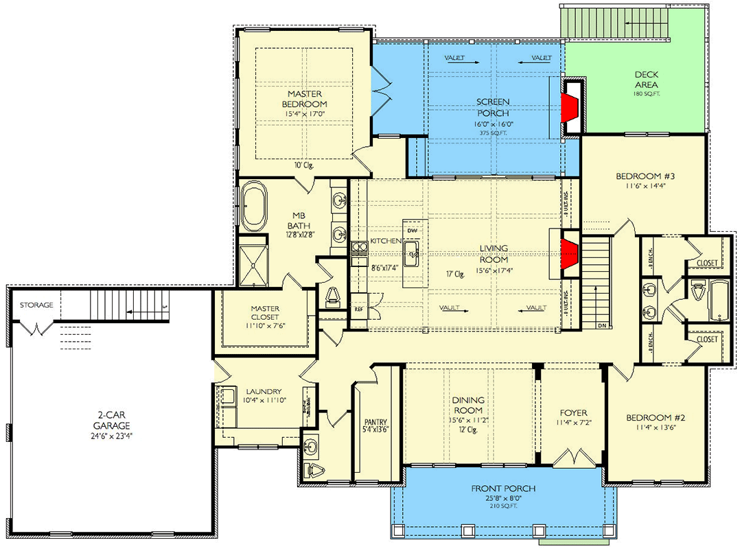 Plan 29916LDG: 3-Bed Modern Farmhouse Home Plan with Vaulted Living Room and Screened Porch - 2365 Sq Ft - Floor Plan - Main Level - Country, Craftsman, Farmhouse, Modern Farmhouse, New American, Ranch