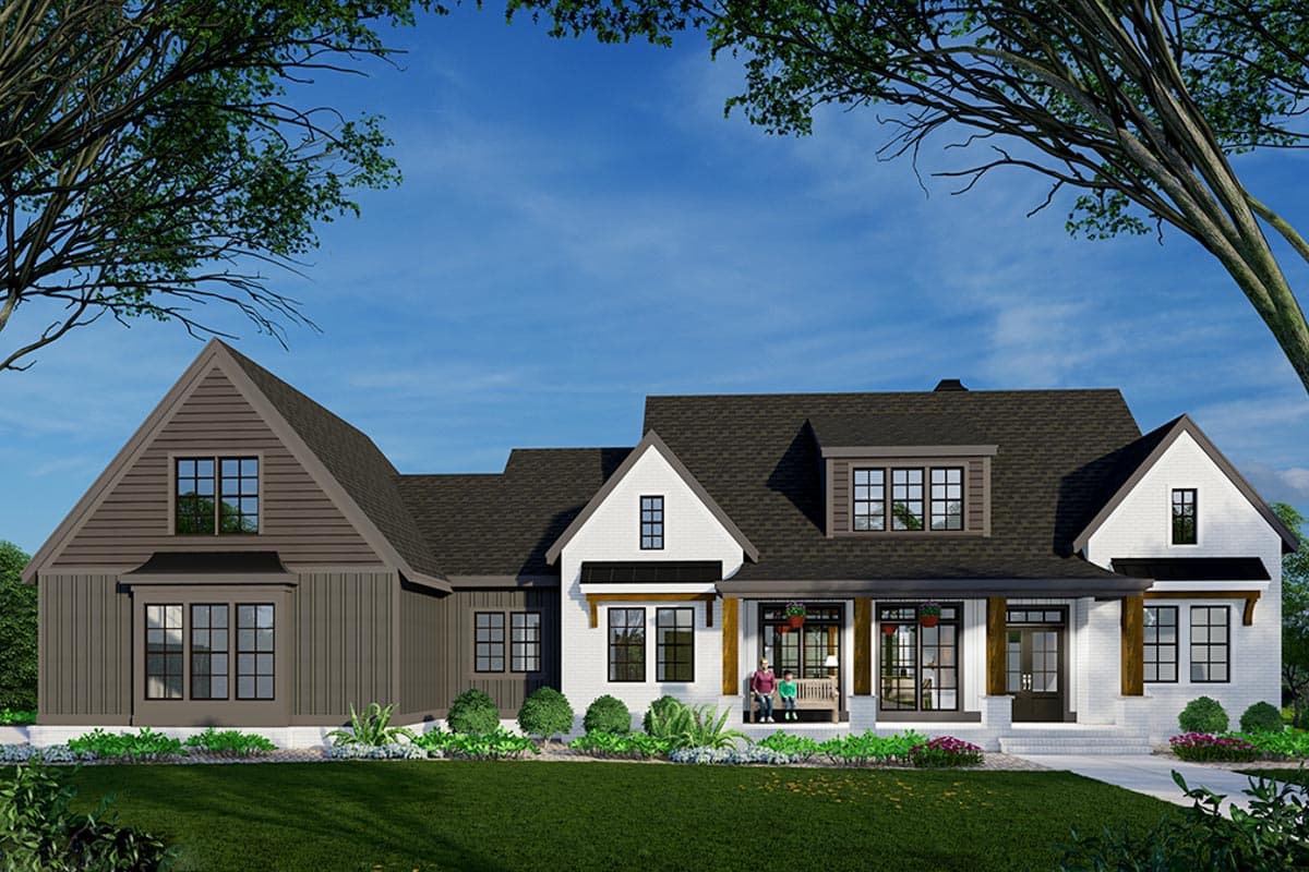A rendered illustration of a modern farmhouse-style home with a dark roof and white exterior. Two people sit on a bench on the front porch.
