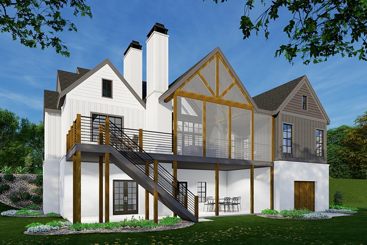 A modern two-story home with a screened porch and a covered patio beneath. Exterior features white brick, dark trim, and a staircase.