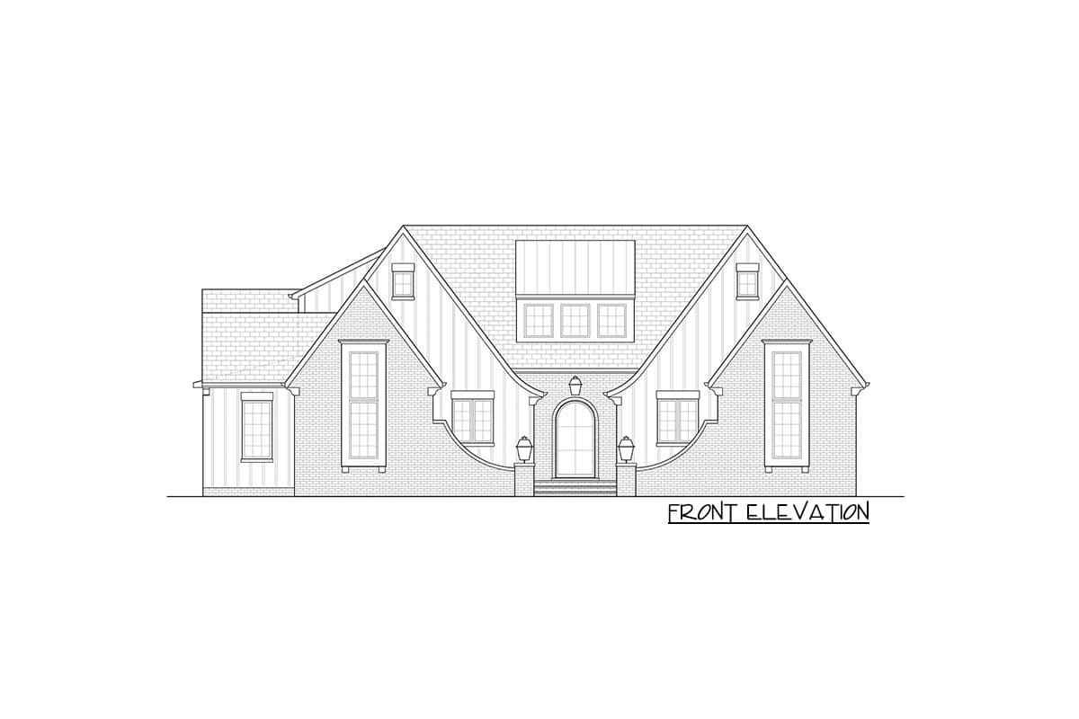 Front elevation drawing of a two-story house with a mix of brick and vertical siding, arched entry, and multiple gables.