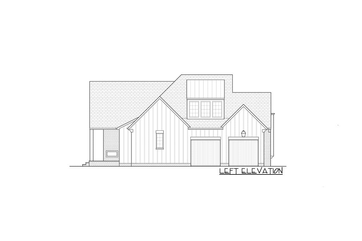 Left elevation house plan showing a two-story home with gables, dormers, and a double garage.