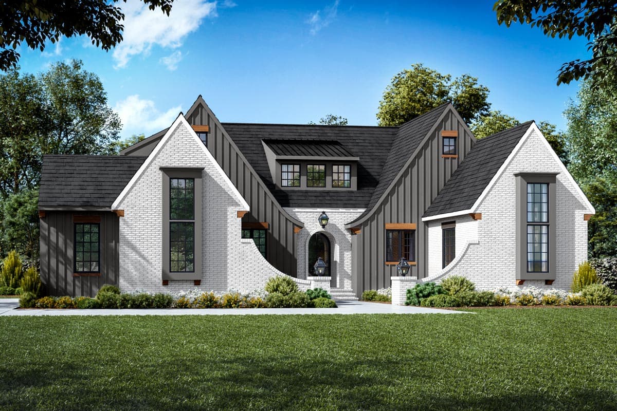House plan exterior. Two-story Modern Farmhouse with gables, vertical siding, and an arched entry. Features include large windows and dormers.