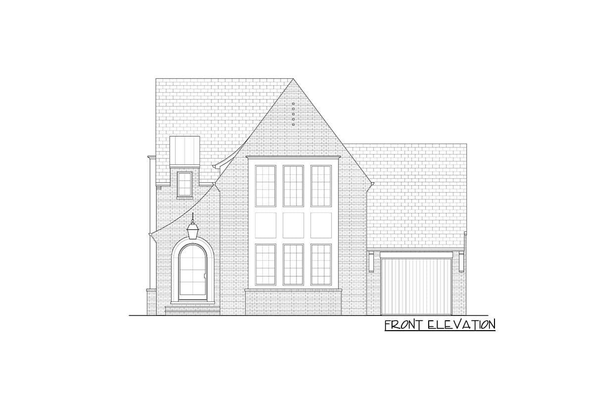 Front elevation drawing of a two-story house plan featuring an arched entry, a large multi-pane window, and an attached garage.